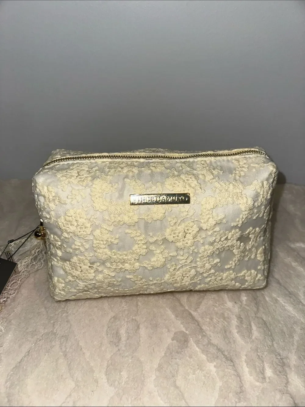 VC White Pastel Yellow Embroidered Floral Sheer Ribbon Gold Makeup Cosmetic Bag